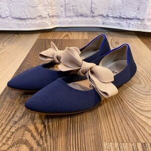 Rothy’s The Point Mary Jane Flats Navy Blue Blush Pink Bow Women’s Size 6.5